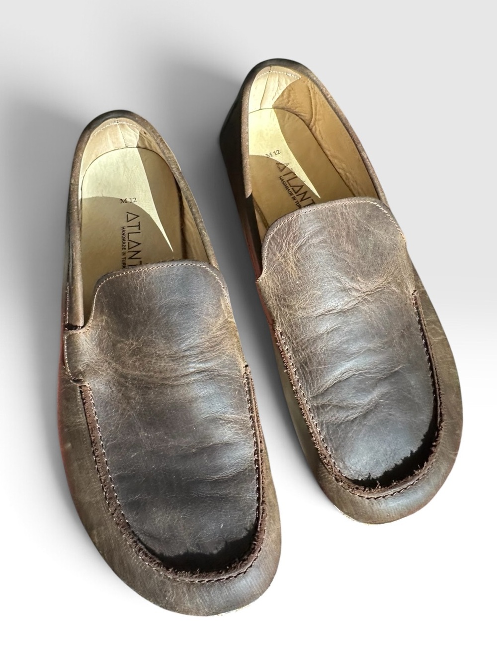 Atlantis Mens Leather Slip-On Loafers handmade moccasins Brown size 12 zero drop